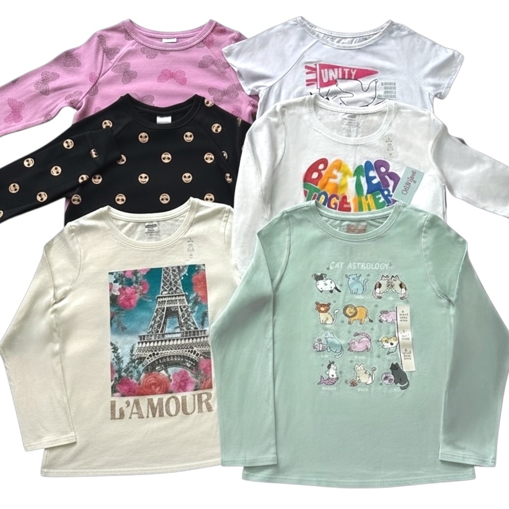 NWT 6pc Girls Graphic Tee Long and Short Sleeve Bundle Size L 10-12 Asst Colors